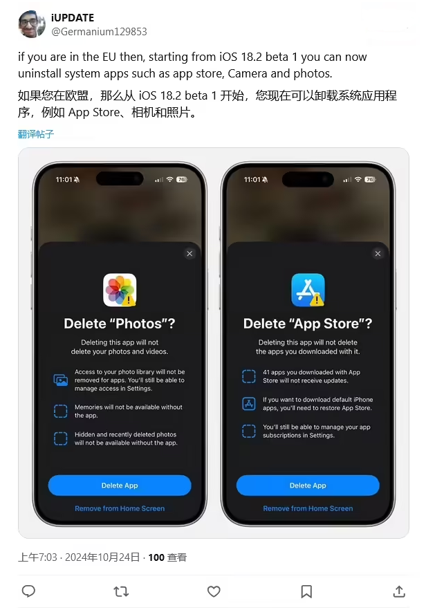 定结苹果手机维修分享iOS 18.2 支持删除 App Store 应用商店 